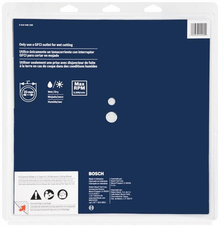 Back packaging of Bosch DB1465S diamond blade showing safety instructions, specifications, and multilingual usage guidelines for wet and dry cutting