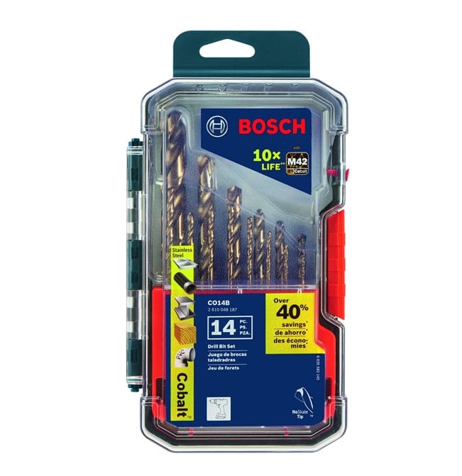 Bosch 14 pc. Cobalt M42 Drill Bit Set In Case. The image shows a Bosch 14-Piece Cobalt M42 Metal Drill Bit Set, encased in a clear plastic container with a dark blue label at the top featuring the Bosch logo. Inside, several golden-hued drill bits of varying sizes are visible, and the packaging highlights features like "10x LIFE" and "8% Cobalt," along with a "NoSkate Tip" and that the set is suitable for drilling in stainless steel, wood, and PVC.
