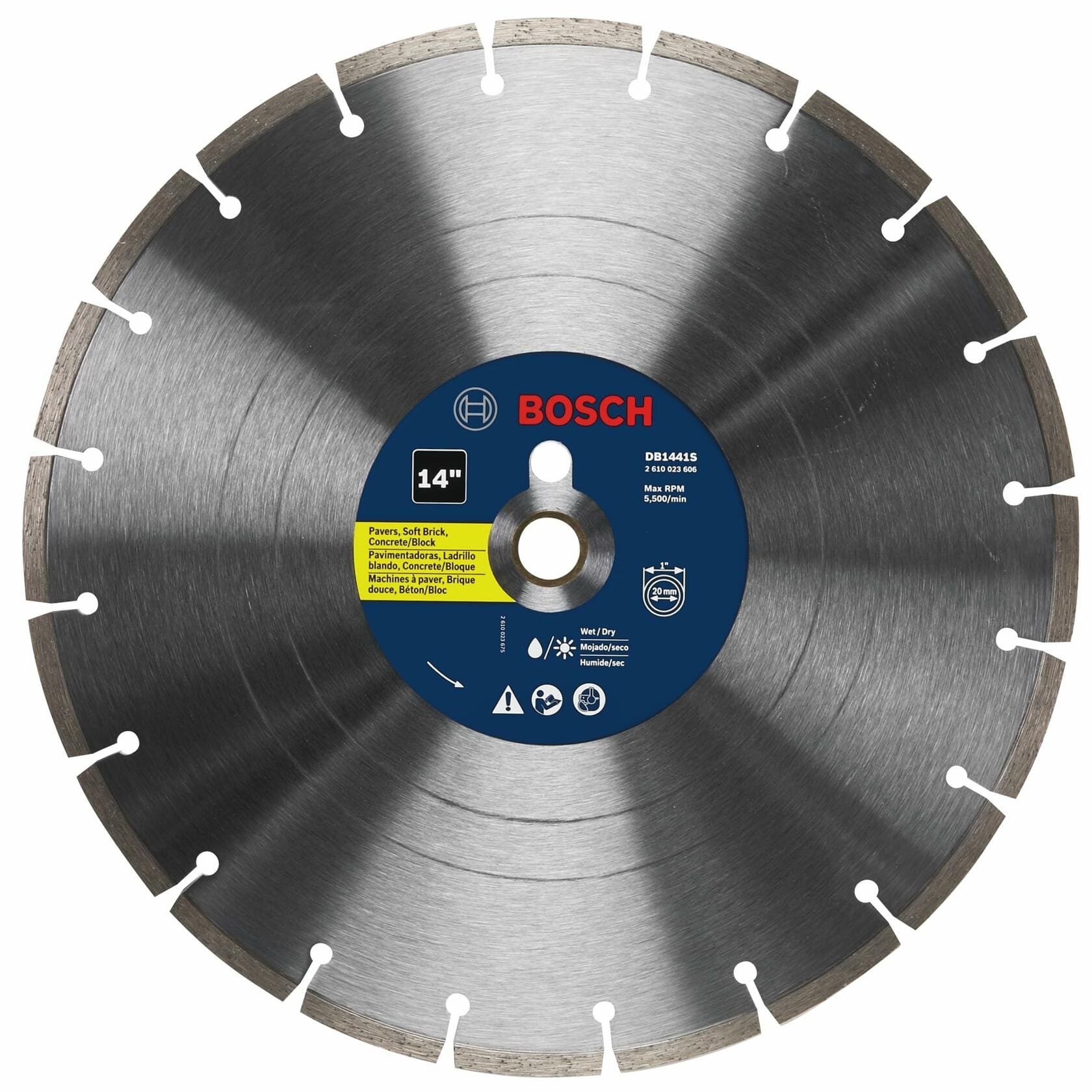 BOSCH DB1441S 14 in. segmented rim diamond blade for wet and dry cutting of pavers brick concrete block