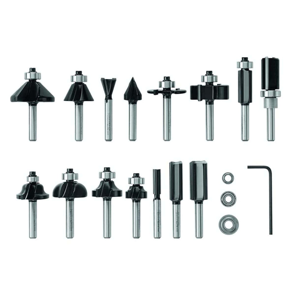 Studio view of the fifteen piece router bit set arranged in rows showing the various profiles and included hex key.