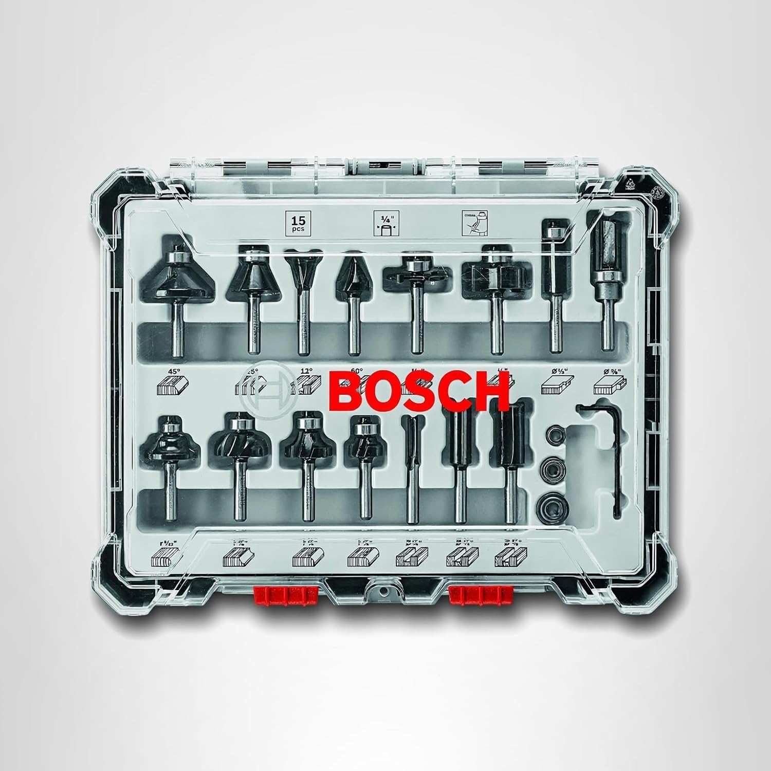 Studio view of the bits secured in the hard plastic storage case with a clear lid and red Bosch branding.