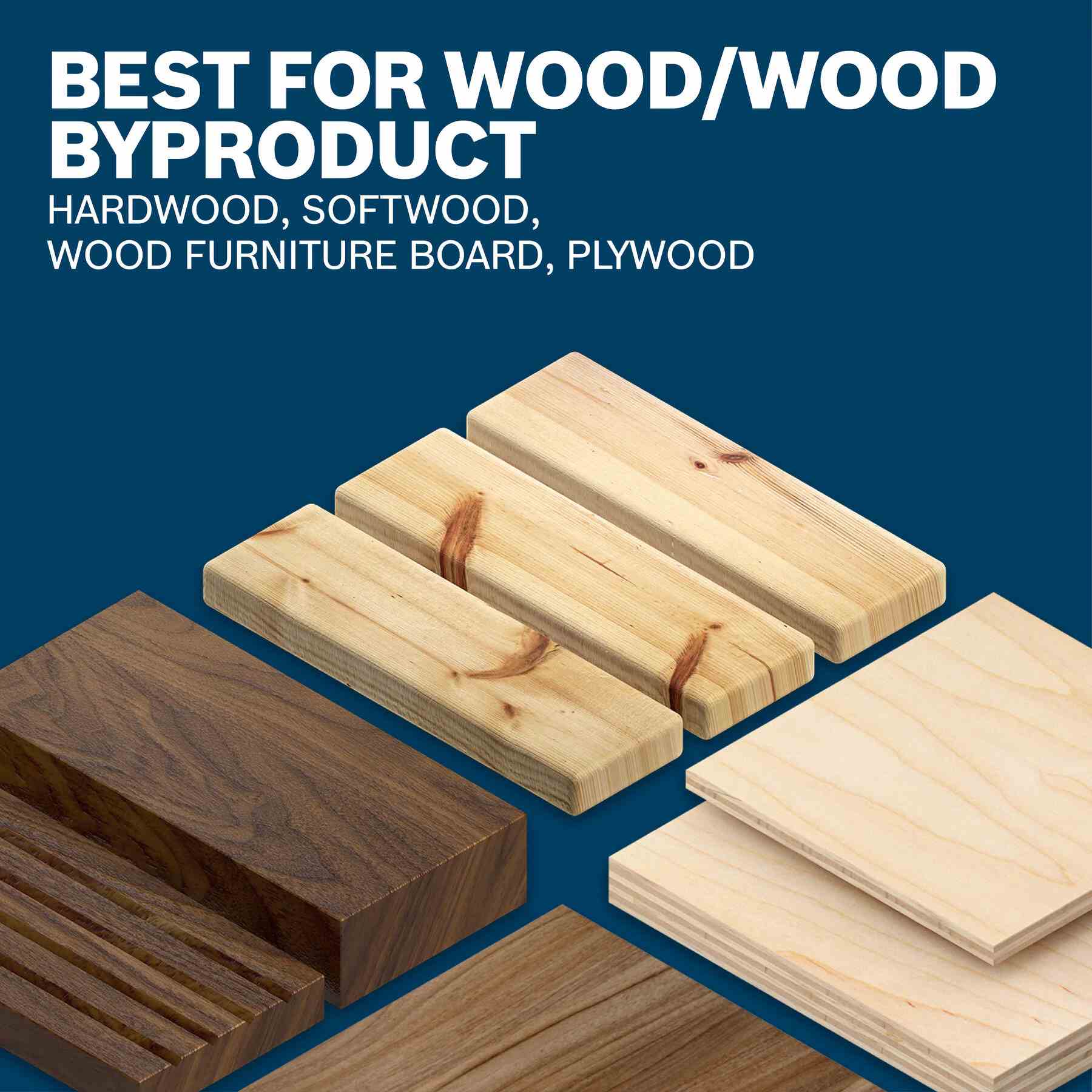 Infographic titled Best For Wood Wood Byproduct showing compatible materials like hardwood, softwood, and plywood.