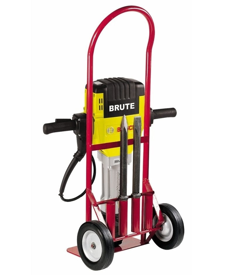 Bosch Brute jackhammer secured on red wheeled cart with three vertical chisel bits stored at base.
