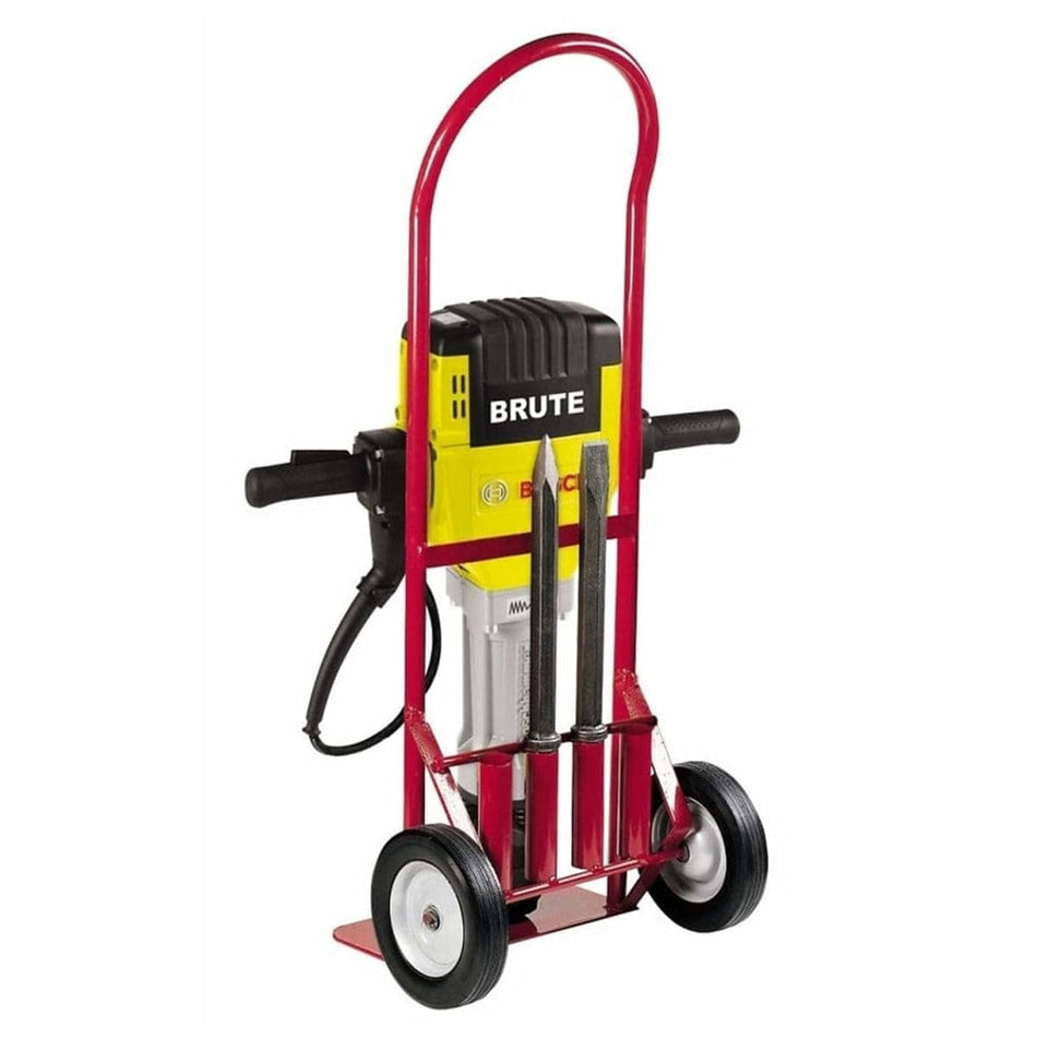 Bosch Brute jackhammer secured on red wheeled cart with three vertical chisel bits stored at base.