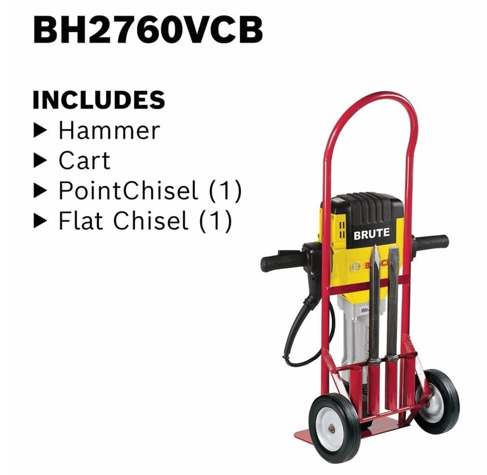 Bosch BH2760VCB jackhammer mounted on red cart with two chisels stored in front; labeled with included kit items.