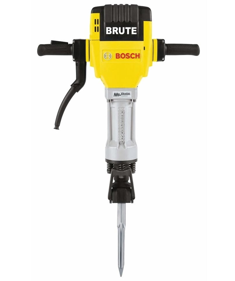 Bosch Brute jackhammer with pointed chisel and side handles; yellow and black body with bold branding.