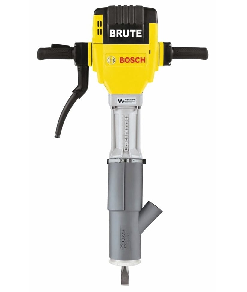 Bosch Brute jackhammer with long chisel bit and side attachment; branding and dual handles clearly visible.