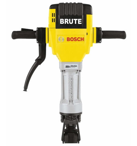 Bosch Brute jackhammer with yellow casing and black handles; labeled with Bosch logo and vibration control feature.