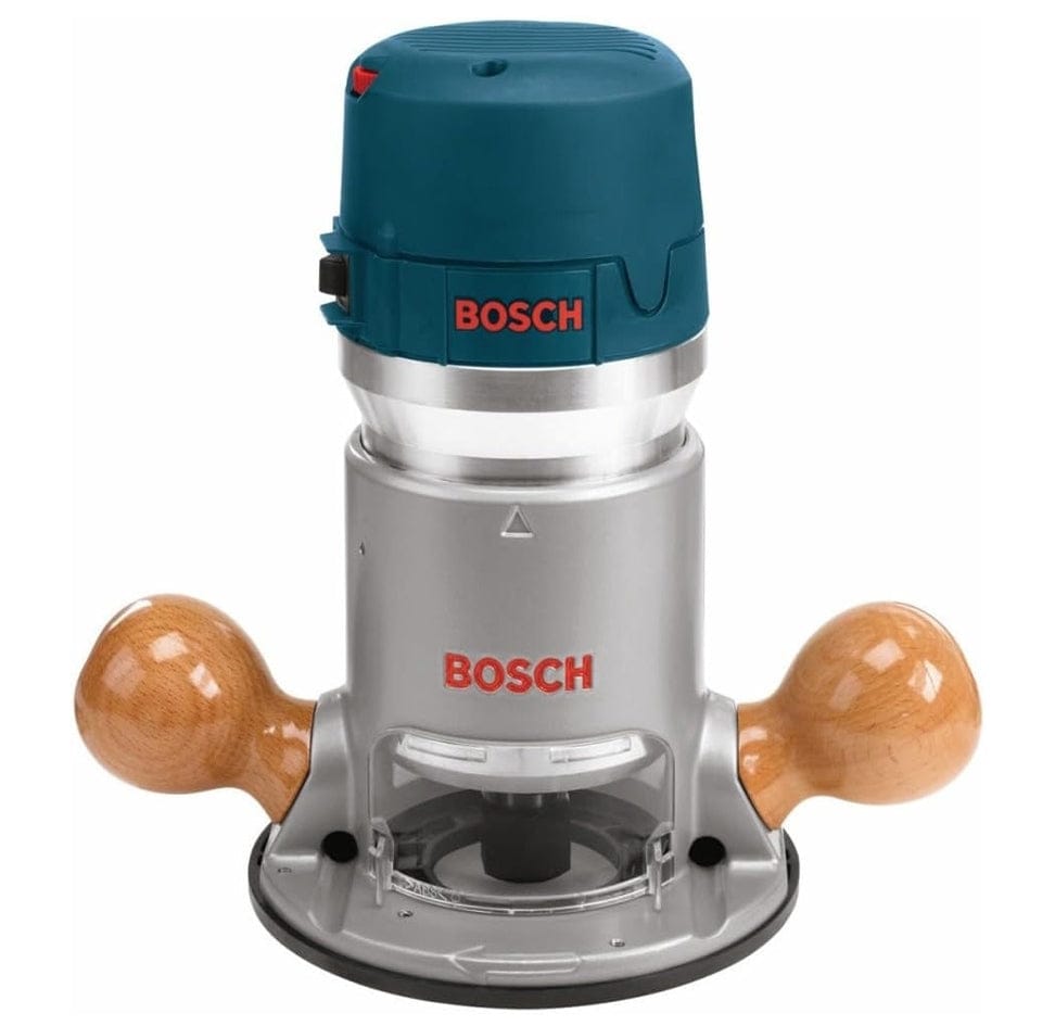 Bosch 1617EVS-46 2.25 HP electronic fixed-base router featuring a blue motor housing, durable silver metal base, and classic ergonomic hardwood handles for professional woodworking.