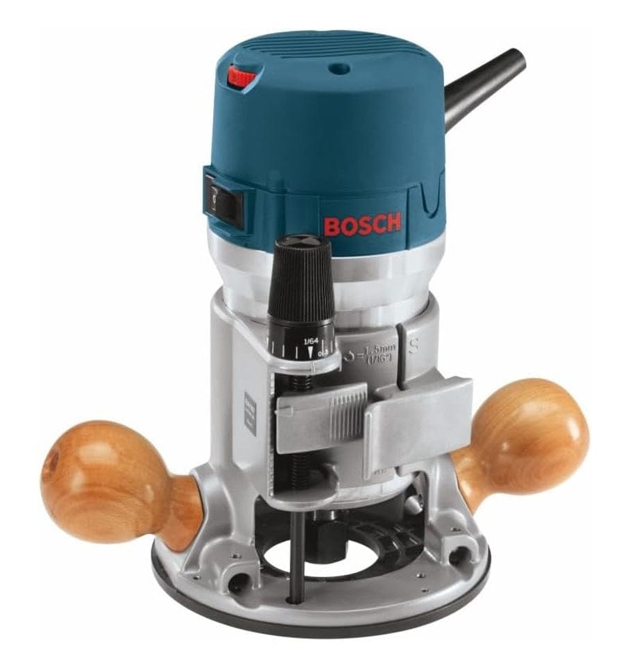 Three-quarter perspective of the Bosch 1617EVS fixed-base router showcasing the microfine bit-depth adjustment knob, base clamp mechanism, and precision-centered design for wood milling.