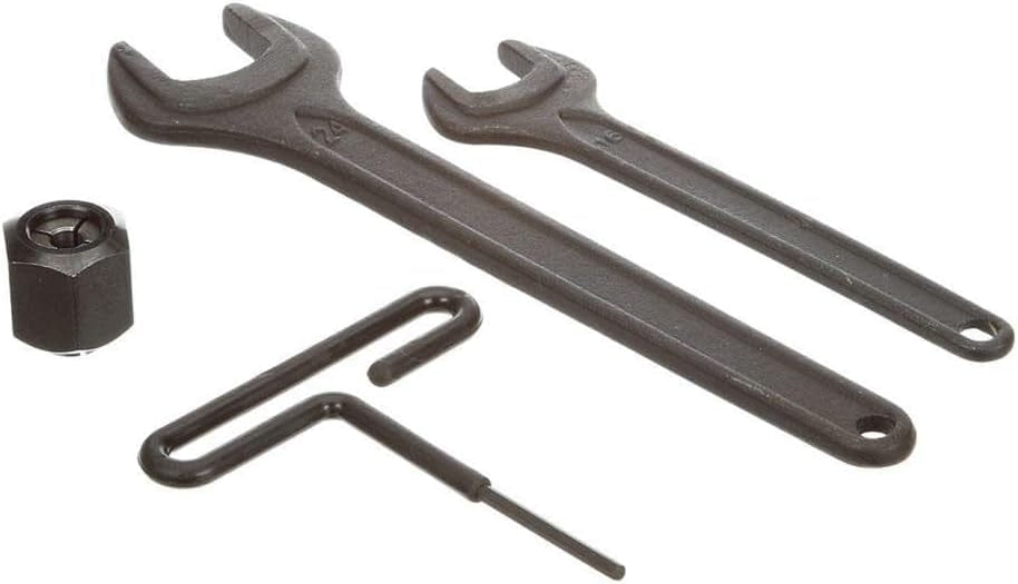 Included accessories for the Bosch router kit including a 1/4 inch and 1/2 inch self-releasing collet chuck, two offset wrenches, and a T-handle hex height adjustment wrench.