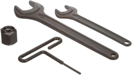 Included accessories for the Bosch router kit including a 1/4 inch and 1/2 inch self-releasing collet chuck, two offset wrenches, and a T-handle hex height adjustment wrench.