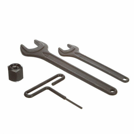 Set of Bosch router accessories including two open-end wrenches, hex nut with bearing, and two L-shaped rods. Tools laid out on white background for maintenance or assembly use.