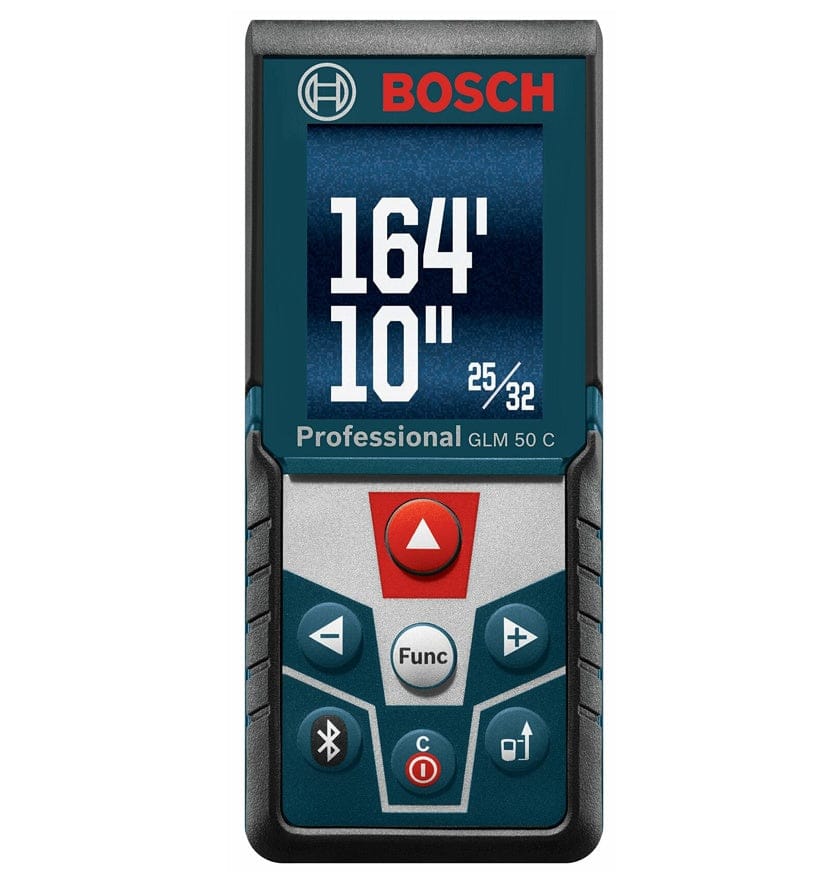 Studio shot of the Bosch GLM50C 165 Ft laser distance measure, displaying a reading of 164 feet, 10 inches, $25/32$ on the backlit color screen