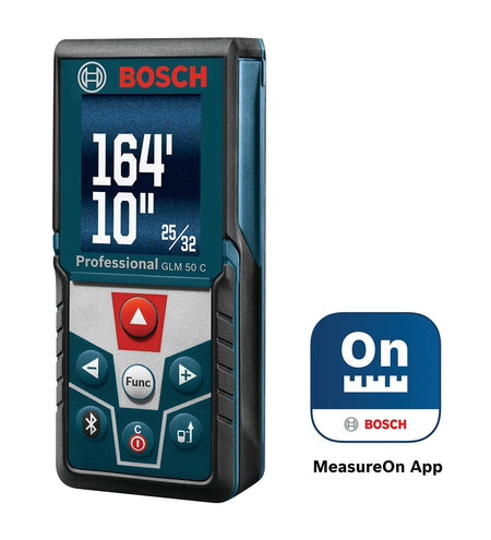 The Bosch GLM50C laser measure displayed next to the MeasureOn App icon, illustrating the device's Bluetooth connectivity for digital data transfer