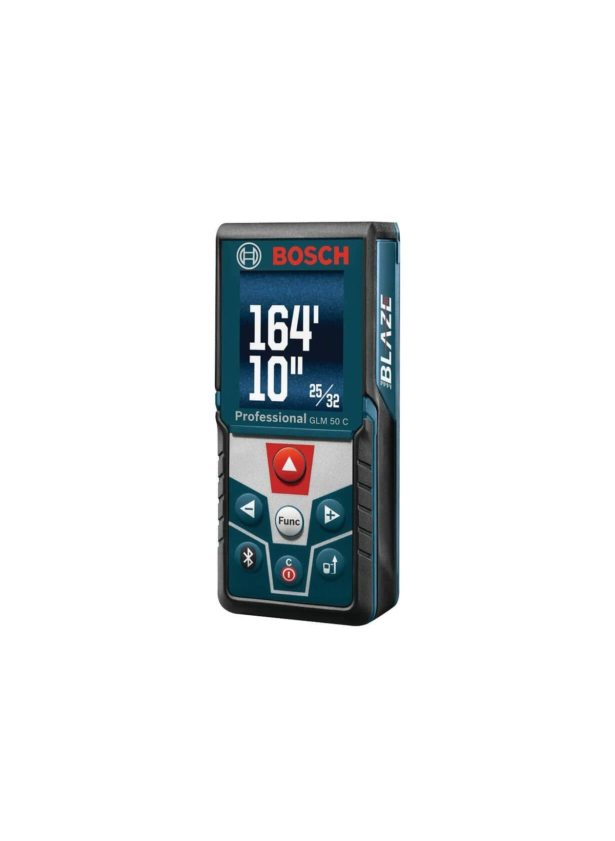 Angled studio shot of the Bosch GLM50C laser measure highlighting the soft grip housing and backlit color display interface