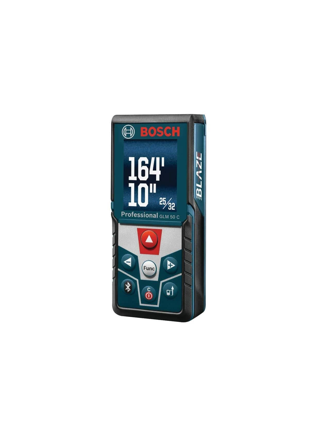 Angled studio shot of the Bosch GLM50C laser measure highlighting the soft grip housing and backlit color display interface