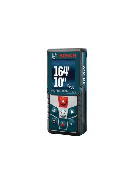 Angled studio shot of the Bosch GLM50C laser measure highlighting the soft grip housing and backlit color display interface