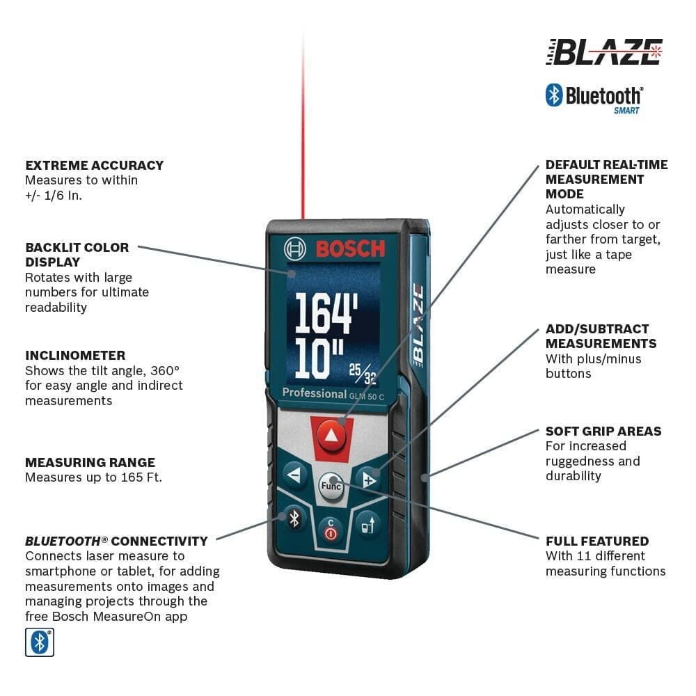 Infographic diagram of the Bosch GLM50C laser measure labeling features including the inclinometer, Bluetooth connectivity, soft grip areas, and 165 ft measuring range