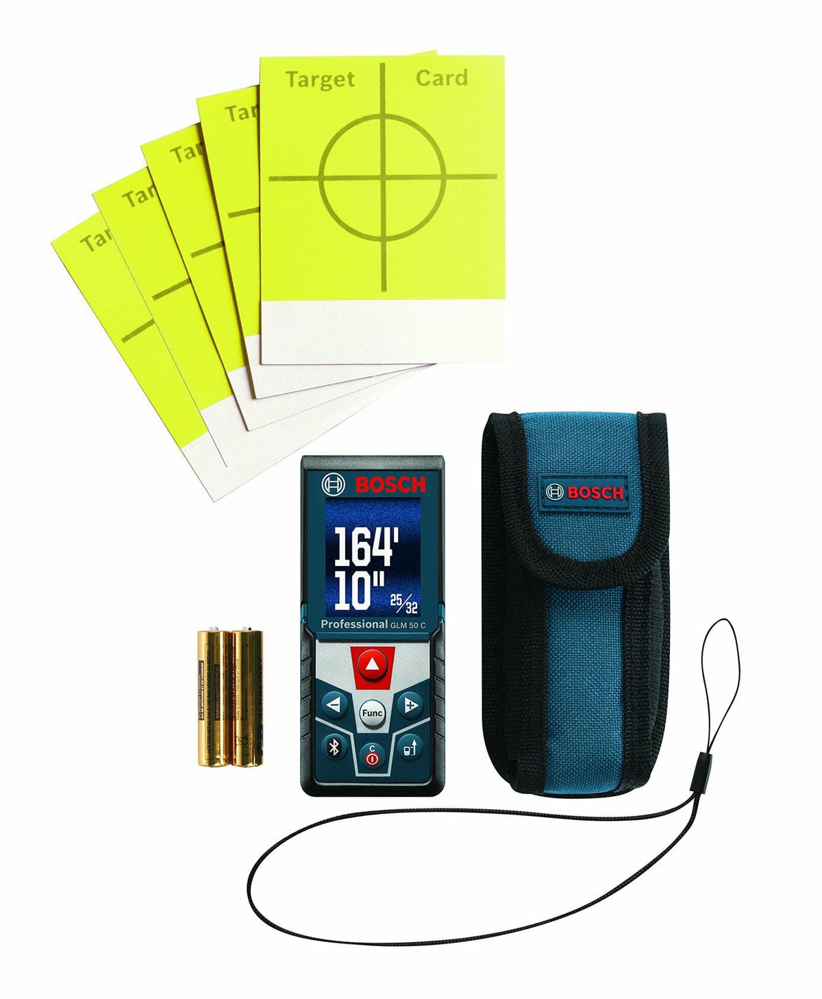 Kit contents shot showing the Bosch GLM50C laser measure, two AAA batteries, hand strap, carrying pouch, and multiple yellow target cards