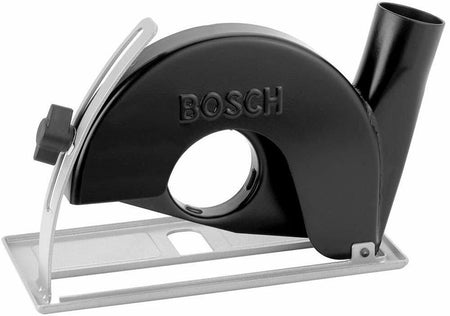 Bosch 18DC-5E dust-extraction guard with circular housing, metal foot plate, and angled vacuum port. Designed for 4-1/2" and 5" angle grinders, this accessory improves dust containment and cutting accuracy on concrete and masonry surfaces.
