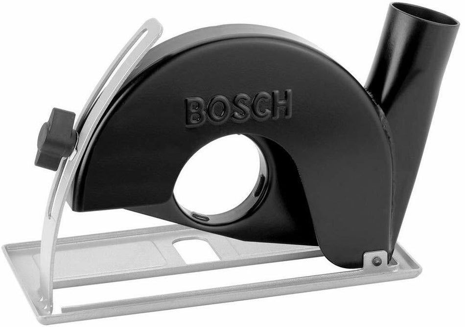 Bosch 18DC-5E dust-extraction guard with circular housing, metal foot plate, and angled vacuum port. Designed for 4-1/2" and 5" angle grinders, this accessory improves dust containment and cutting accuracy on concrete and masonry surfaces.