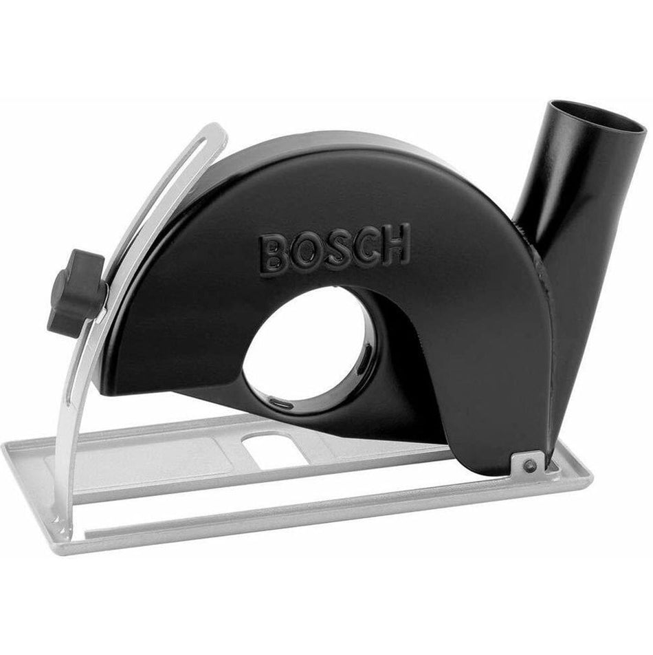 Bosch 18DC-5E dust-extraction guard with circular housing, metal foot plate, and angled vacuum port. Designed for 4-1/2" and 5" angle grinders, this accessory improves dust containment and cutting accuracy on concrete and masonry surfaces.