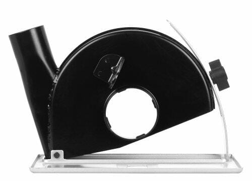 Black Bosch dust shroud attachment for circular saws with central blade opening, transparent safety shield, and side vacuum port. Features a flat metal base for stable cutting and efficient dust collection in woodworking or construction applications