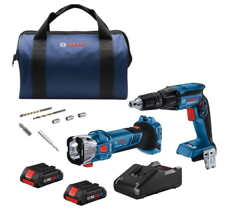 The complete Bosch GXL18V-291B25 2-tool combo kit, showing the screwgun, cut-out tool, two CORE18V 4.0Ah batteries, charger, bits, collets, and the blue Bosch carrying bag.