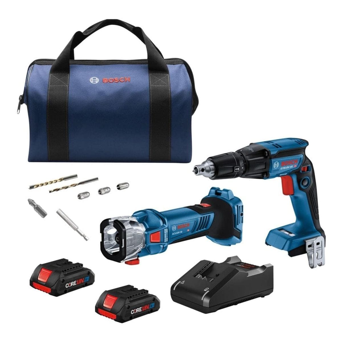 The complete Bosch GXL18V-291B25 2-tool combo kit, showing the screwgun, cut-out tool, two CORE18V 4.0Ah batteries, charger, bits, collets, and the blue Bosch carrying bag.
