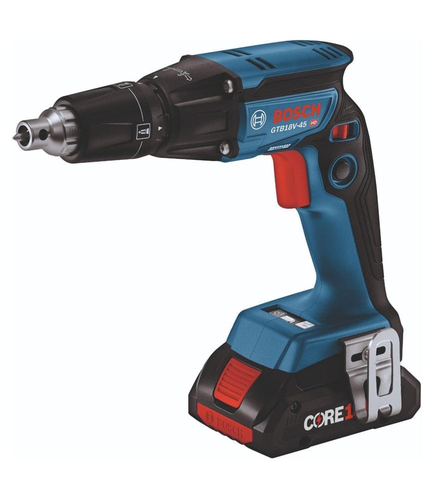 The complete Bosch GXL18V-291B25 2-tool combo kit, showing the screwgun, cut-out tool, two CORE18V 4.0Ah batteries, charger, bits, collets, and the blue Bosch carrying bag.
