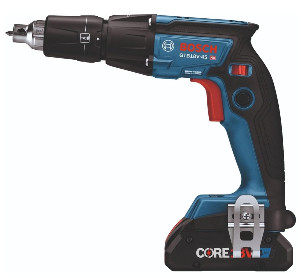 A side profile studio shot of the Bosch GTB18V-45 brushless screwgun (bare tool) highlighting the belt clip side.
