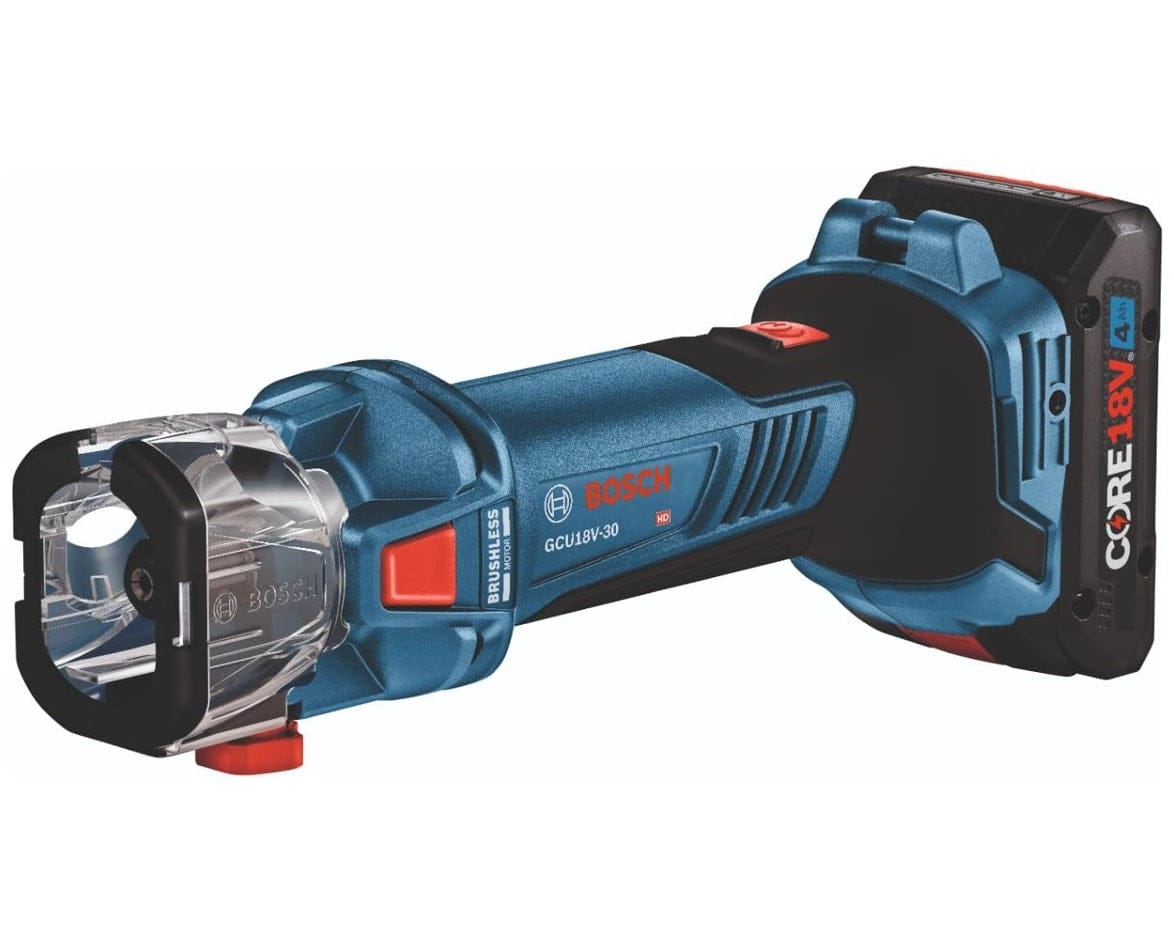 A three-quarter studio shot of the Bosch GCU18V-30 brushless cut-out tool with a CORE18V 4.0Ah battery attached and the clear dust hood in place.