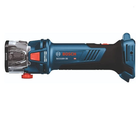 A side profile studio shot of the Bosch GCU18V-30 brushless cut-out tool (bare tool) with the clear dust hood attached.