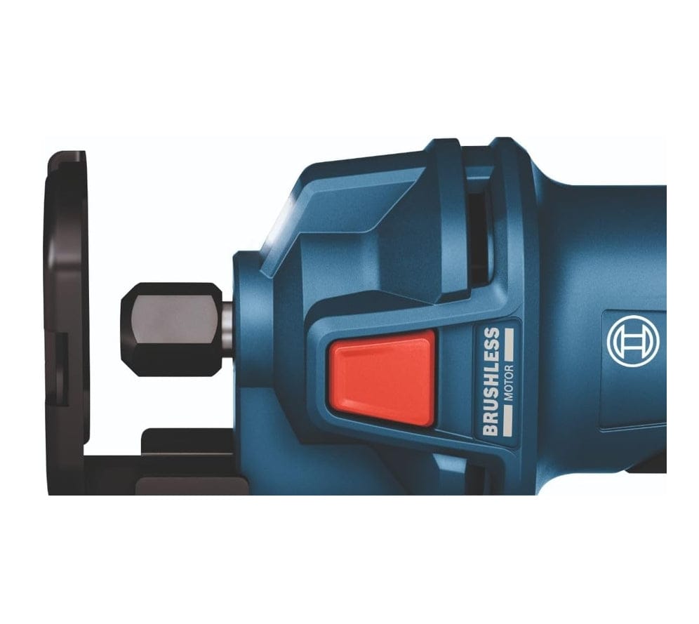A close-up view of the red power switch, "BRUSHLESS MOTOR" label, and collet on the Bosch GCU18V-30 cut-out tool.