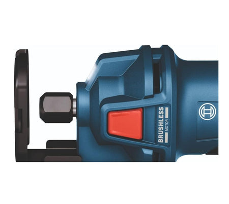 A close-up view of the red power switch, "BRUSHLESS MOTOR" label, and collet on the Bosch GCU18V-30 cut-out tool.