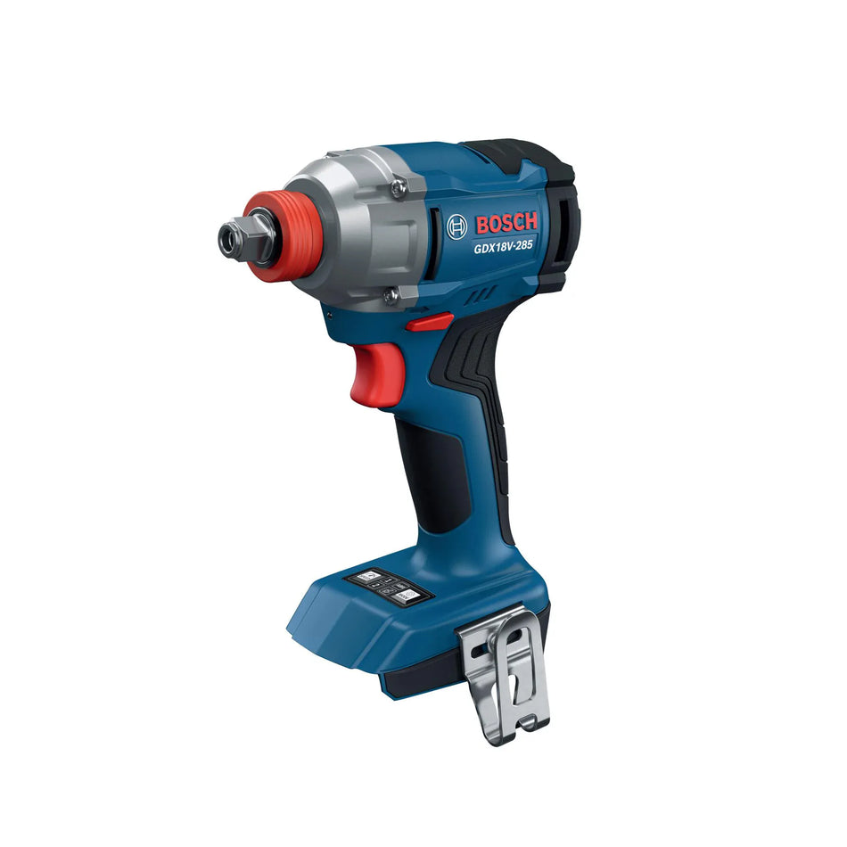 The Bosch 18V 2 in 1 Cordless Impact Driver Wrench Bare Tool GDX18V-285N is shown from a three-quarter studio profile view against a white background. This combination socket screwdriver power tool showcases its hybrid tool holder shank, blue and black rubberized motor grip, red trigger mechanism, lower user interface selection panel, and attached metal belt hook.