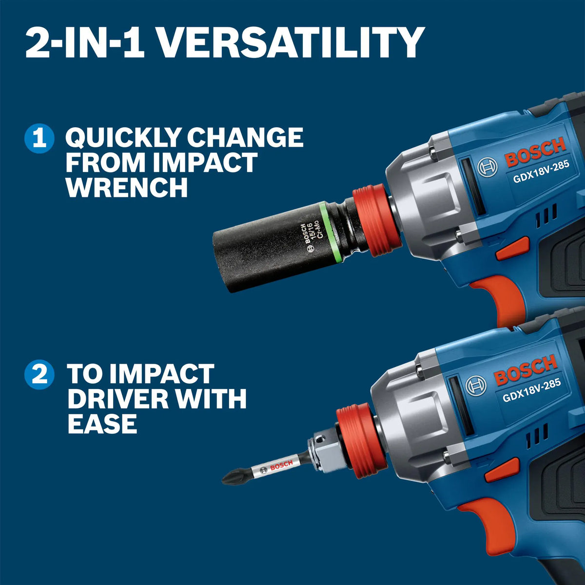 A dual-panel infographic detailing the 2-in-1 versatility configurations of the Bosch combination socket screwdriver tool. The top panel shows a dark blue impact socket fitted onto the 1/2-inch square friction ring anvil, while the lower panel demonstrates a standard screwdriver bit inserted directly into the integrated 1/4-inch hex shank adapter.