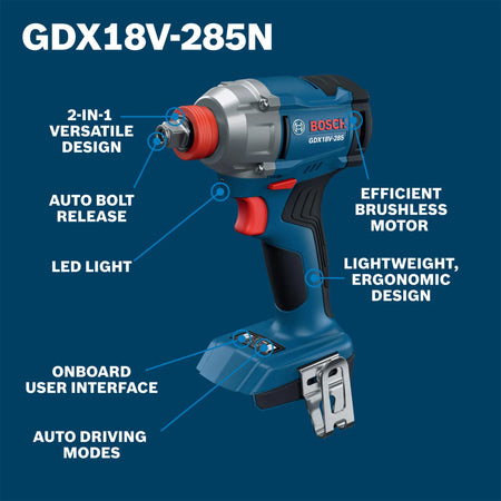 An infographic design calling out the primary design elements of the Bosch 18V cordless hybrid impact driver wrench over a solid dark blue backdrop. Indicator lines highlight its 2-in-1 versatile design chuck, an automatic bolt release mechanism, an integrated base LED work light, an onboard digital user interface panel, auto driving selection modes, an efficient brushless motor assembly, and a lightweight ergonomic grip.