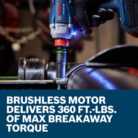 A technician uses the Bosch combination socket screwdriver tool to drive a vertical fastener on a large industrial pipe coupling assembly. The camera focuses closely on a 9/16-inch impact socket spinning onto a bolt head, accompanied by graphic overlay text stating that the brushless motor delivers 360 foot-pounds of maximum breakaway torque.
