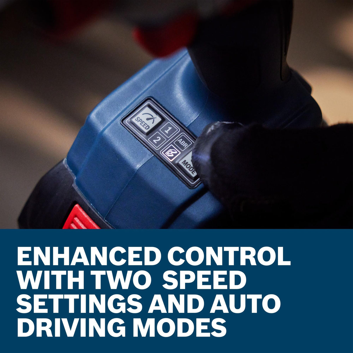A close-up macro detail shot shows a gloved worker's thumb operating the electronic mode selector buttons on the base platform of the Bosch hybrid impact tool. The text running along the bottom notes enhanced control with two speed settings and automatic driving modes.