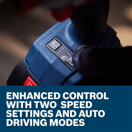 A close-up macro detail shot shows a gloved worker's thumb operating the electronic mode selector buttons on the base platform of the Bosch hybrid impact tool. The text running along the bottom notes enhanced control with two speed settings and automatic driving modes.