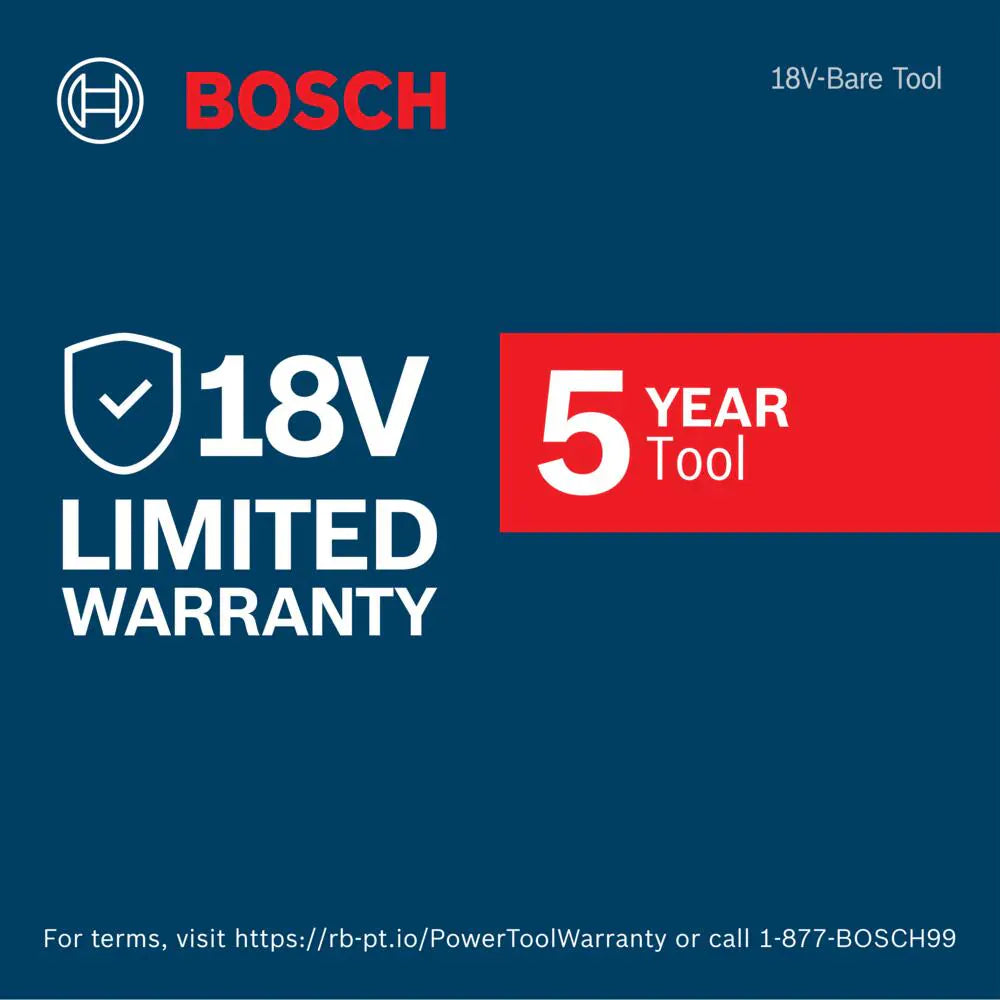 A professional factory warranty graphic block for the Bosch 18V bare tool cordless lineup. The dark blue and red informational banner displays the standard company branding emblem alongside a bold visual announcement specifying an official 5-year limited tool warranty policy for professional power tools and charging accessories.