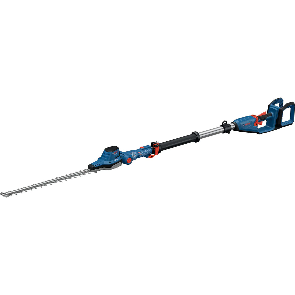 The Bosch GHE18V-50TPN 18V Brushless 20 Inch Pole Hedge Trimmer Bare Tool is shown in its entirety against a white background. This extended reach cordless telescopic yard pruning tool highlights its elongated aluminum pole configuration, dark blue motor house branding, black rubberized auxiliary rear handles, and an extensive dual-action cutting blade assembly.