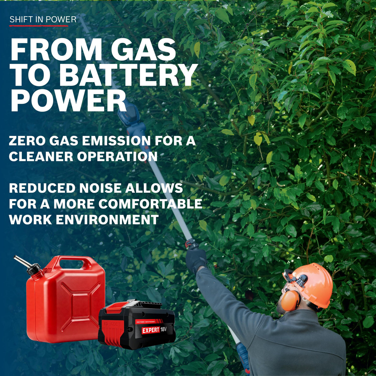 An infographic display promoting the transition from gas to battery power with the Bosch EXPERT 18V cordless system. Text highlighting zero gas emissions and reduced noise overlays an image of a gardener trimming high foliage next to graphic representations of a red gas can and a lithium-ion battery pack.
