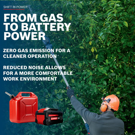An infographic display promoting the transition from gas to battery power with the Bosch EXPERT 18V cordless system. Text highlighting zero gas emissions and reduced noise overlays an image of a gardener trimming high foliage next to graphic representations of a red gas can and a lithium-ion battery pack.