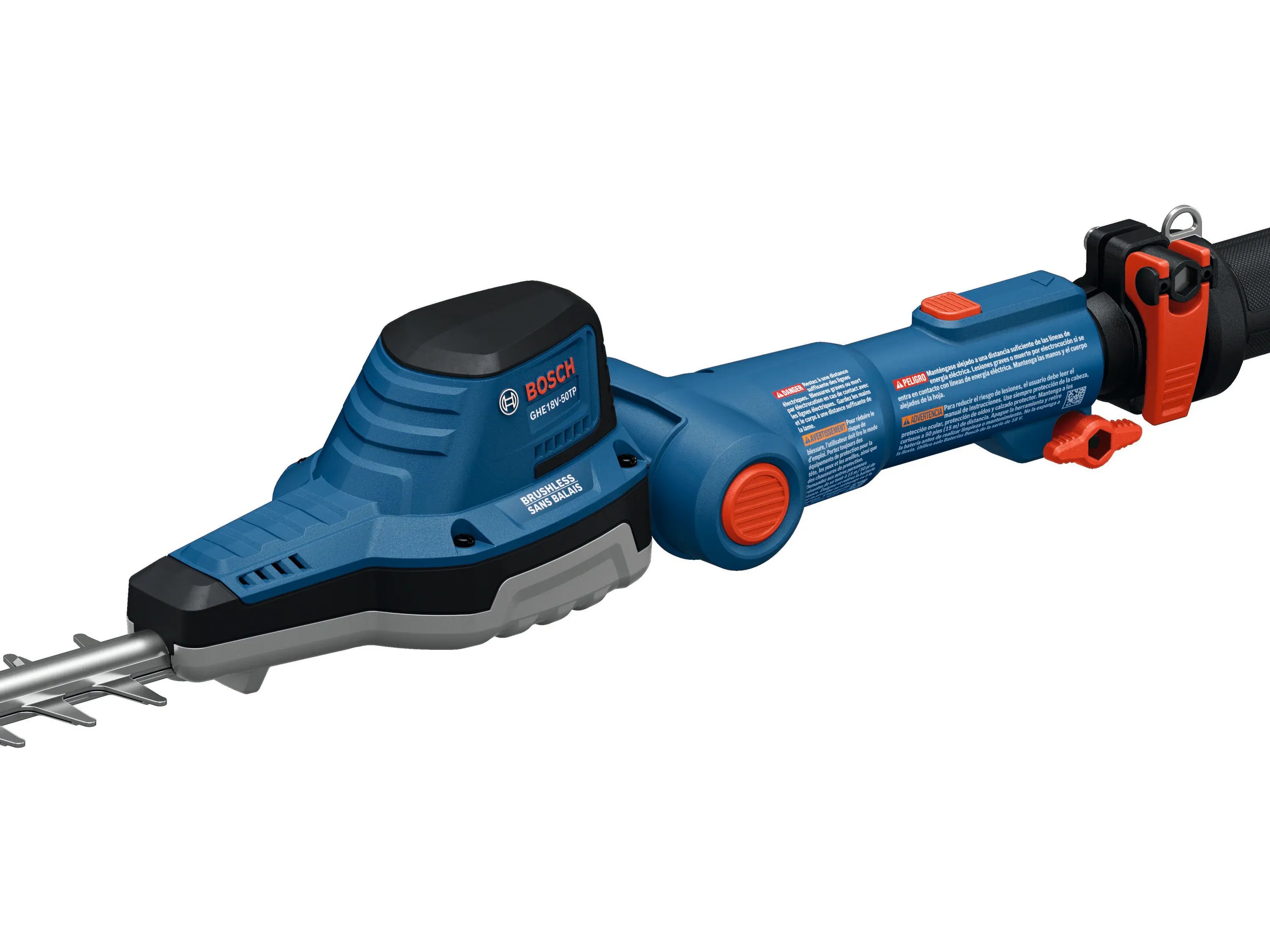 A close-up view focusing on the articulating gear head motor housing of the Bosch long reach pole hedge trimmer. The clear rendering showcases the bright orange pivot button adjustment controls, safety warning labels, and the beginning edge of the 20-inch diamond-ground pruning blade.