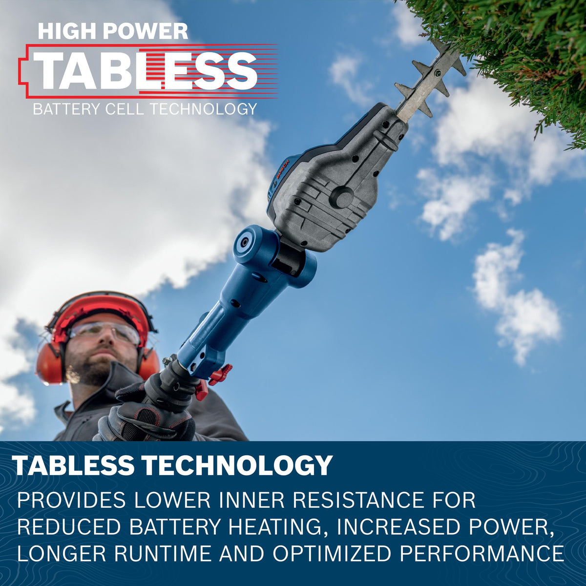 A low-angle view looking upward at a landscaper operating the cordless pole trimmer to shape a tall garden shrub against a blue sky. Overlay graphic branding features text highlighting the benefits of High Power Tabless battery cell technology, noting lower inner resistance, reduced heating, increased power, and optimized performance.