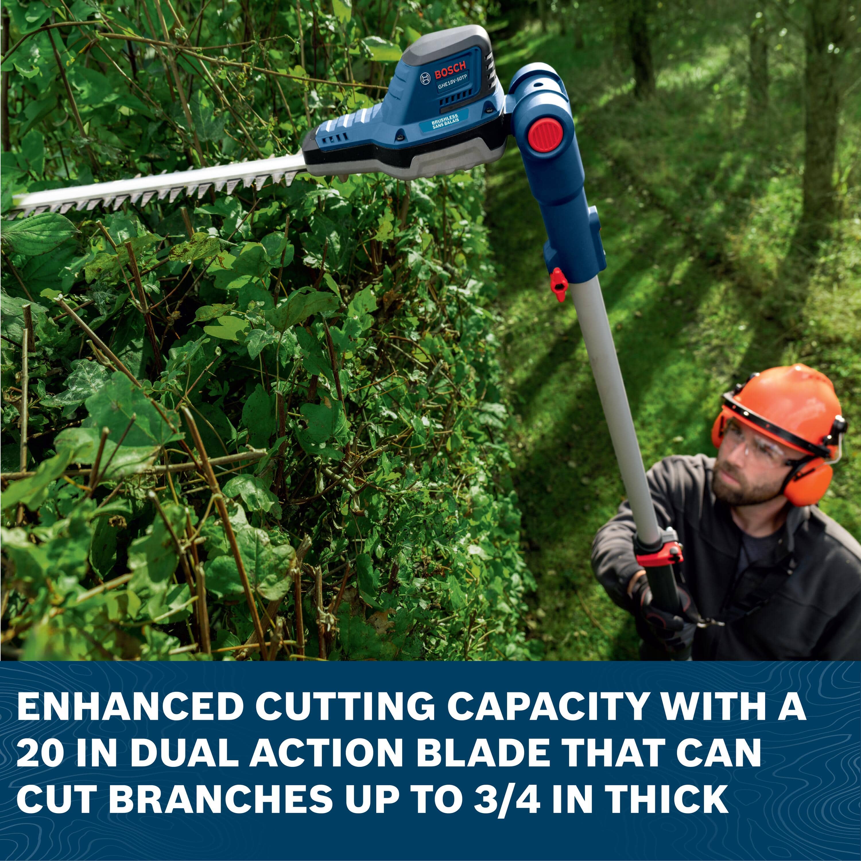 An outdoor action shot shows a landscaping professional wearing an orange safety helmet, ear protection, and safety glasses using the telescopic garden pruning tool to shave the top edge of a dense hedge wall. Product banner text below highlights an enhanced cutting capacity with a 20-inch dual-action blade that can cut branches up to 3/4-inch thick.