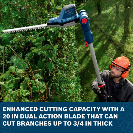 An outdoor action shot shows a landscaping professional wearing an orange safety helmet, ear protection, and safety glasses using the telescopic garden pruning tool to shave the top edge of a dense hedge wall. Product banner text below highlights an enhanced cutting capacity with a 20-inch dual-action blade that can cut branches up to 3/4-inch thick.